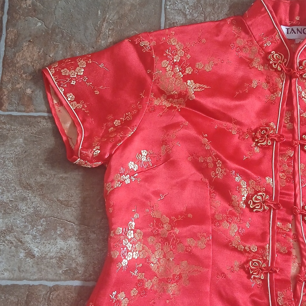 EYC TangiRed Satin Chinese Style Button-Up Top with Gold Floral Detail - Picture 2 of 6